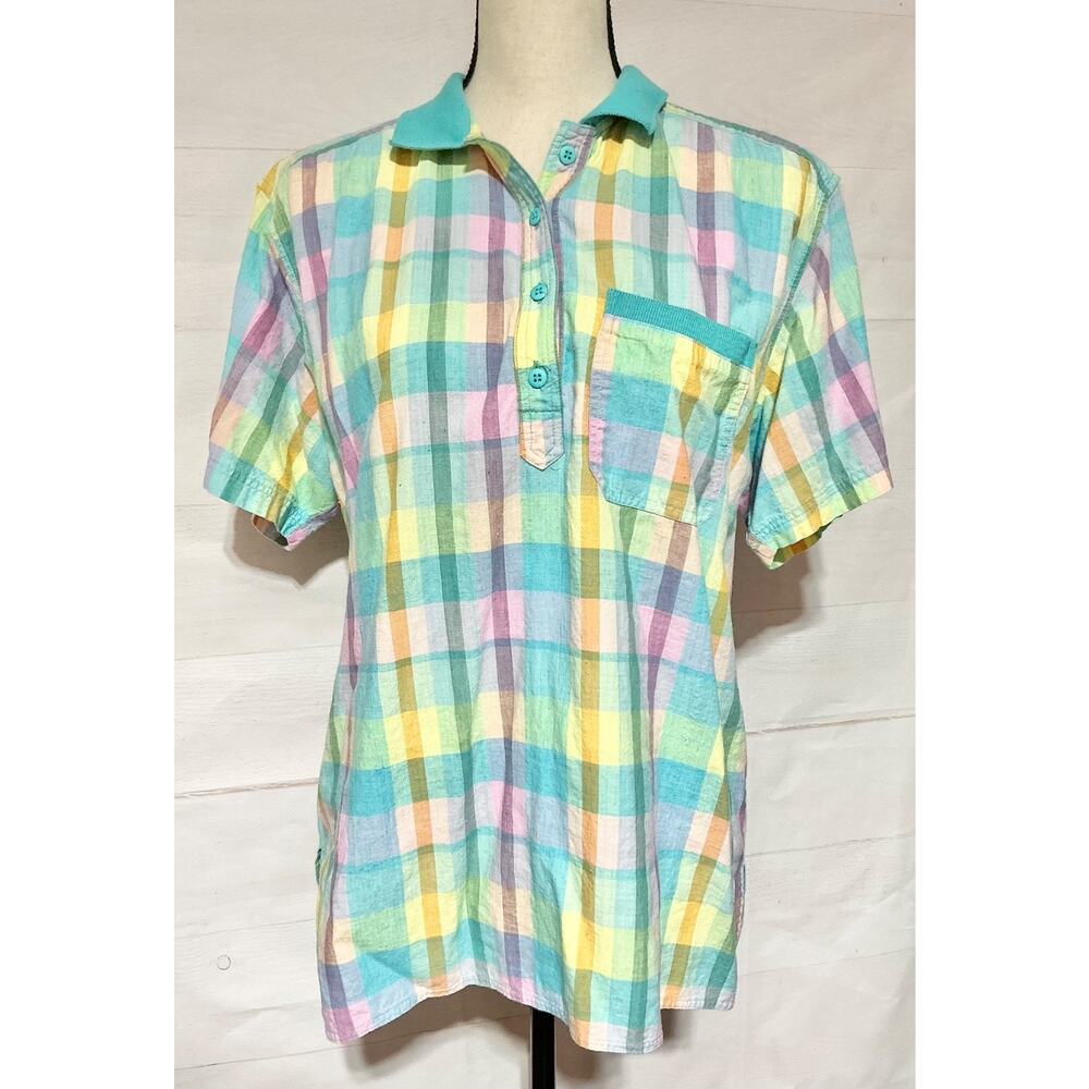 Vintage 1980’s Madrid plaid preppy short slv top shirt w/ collar